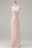 Blush Pink Sheath Sequin Corset Spaghetti Straps Long Prom Dress
