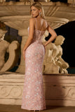 Blush Pink Sheath Sequin Corset Spaghetti Straps Long Prom Dress