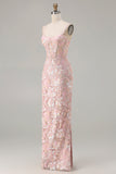 Blush Pink Sheath Sequin Corset Spaghetti Straps Long Prom Dress