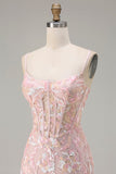 Blush Pink Sheath Sequin Corset Spaghetti Straps Long Prom Dress