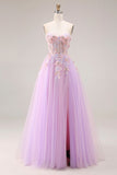 Sweetheart Lilac Tulle A-Line Appliqued Long Prom Dress with Slit