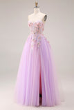 Sweetheart Lilac Tulle A-Line Appliqued Long Prom Dress with Slit