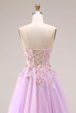 Sweetheart Lilac Tulle A-Line Appliqued Long Prom Dress with Slit