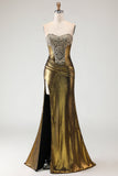 Metallic Bronze Mermaid Strapless Beaded Long Prom Dress with Slit