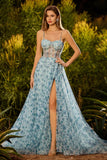 Blue Floral A-Line Beaded Convertible Lace Up Back Long Prom Dress with Slit
