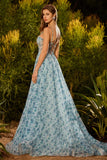 Blue Floral A-Line Beaded Convertible Lace Up Back Long Prom Dress with Slit