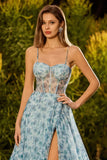 Blue Floral A-Line Beaded Convertible Lace Up Back Long Prom Dress with Slit