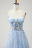 Blue Floral Corset A Line Spaghetti Straps Long Prom Dress with Slit