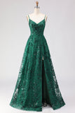 Dark Green A Line Sequins Embroidered Lace Up Back Long Prom Dress with Slit