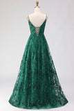 Dark Green A Line Sequins Embroidered Lace Up Back Long Prom Dress with Slit