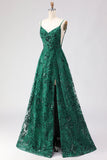 Dark Green A Line Sequins Embroidered Lace Up Back Long Prom Dress with Slit