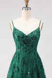 Dark Green A Line Sequins Embroidered Lace Up Back Long Prom Dress with Slit