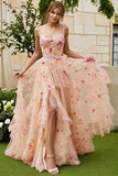 Champagne Flower A Line Ruffled Corset Long Prom Dress with Slit