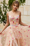 Ivory Flower A Line Corset Ruffled Long Prom Dress with Slit