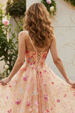 Champagne Flower A Line Ruffled Corset Long Prom Dress with Slit