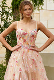 Champagne Flower A Line Ruffled Corset Long Prom Dress with Slit