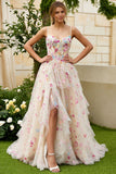 Champagne Flower A Line Ruffled Corset Long Prom Dress with Slit