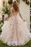 Champagne Flower A Line Ruffled Corset Long Prom Dress with Slit