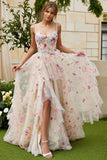 Champagne Flower A Line Ruffled Corset Long Prom Dress with Slit
