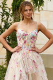 Ivory Flower A Line Corset Ruffled Long Prom Dress with Slit