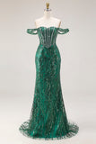 Dark Green Mermaid Off The Shoulder Corset Sequin Long Prom Dress with Beading