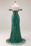 Dark Green Mermaid Off The Shoulder Corset Sequin Long Prom Dress with Beading