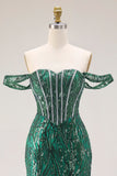 Dark Green Mermaid Off The Shoulder Corset Sequin Long Prom Dress with Beading