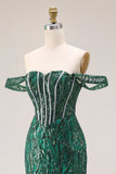 Dark Green Mermaid Off The Shoulder Corset Sequin Long Prom Dress with Beading
