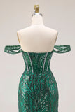 Dark Green Mermaid Off The Shoulder Corset Sequin Long Prom Dress with Beading
