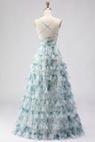 Blue A Line Spaghetti Straps Tiered Ruffle Print Floral Long Prom Dress with Slit