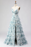 Blue A Line Spaghetti Straps Tiered Ruffle Print Floral Long Prom Dress with Slit