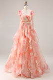 Sunset A-Line Cut Out Ruffled Printed Floral Long Prom Dress with Bow