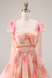 Sunset A-Line Cut Out Ruffled Printed Floral Long Prom Dress with Bow
