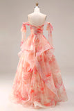 Sunset A-Line Cut Out Ruffled Printed Floral Long Prom Dress with Bow