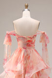 Sunset A-Line Cut Out Ruffled Printed Floral Long Prom Dress with Bow