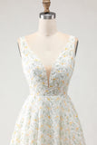 White Yellow Floral A Line V Neck Open Back Long Prom Dress with 3D Flowers