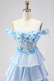 Light Blue A Line Off the Shoulder Appliqued Corset Tiered Ruffle Long Prom Dress