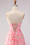 Pink Strapless Floral A-Line Cut Out Bowed Long Prom Dress with Slit