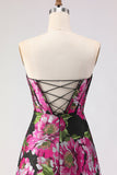 Black Floral A Line Strapless Corset Jacquard Long Prom Dress with Slit