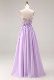 Lilac Appliqued Strapless A Line Corset Long Prom Dress