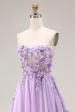 Lilac Appliqued Strapless A Line Corset Long Prom Dress
