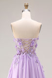 Lilac Appliqued Strapless A Line Corset Long Prom Dress