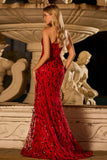 Sparkly Red Mermaid Strapless Sequin Long Prom Dress with Slit