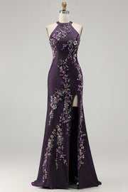 Sparkly Grape Sequin Halter Mermaid Appliqued Long Prom Dress with Slit