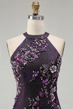 Sparkly Grape Sequin Halter Mermaid Appliqued Long Prom Dress with Slit