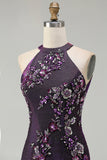 Sparkly Grape Sequin Halter Mermaid Appliqued Long Prom Dress with Slit