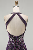 Sparkly Grape Sequin Halter Mermaid Appliqued Long Prom Dress with Slit