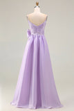 Lilac A Line Spaghetti Straps Pleated Satin Long Prom Dress with Bow