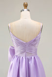 Lilac A Line Spaghetti Straps Pleated Satin Long Prom Dress with Bow