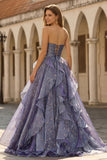 Dusty Blue Strapless A-Line Floral Ruffled Long Prom Dress with Lace Up Back